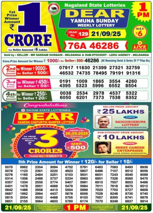 September 21 2025
 Result 1 PM